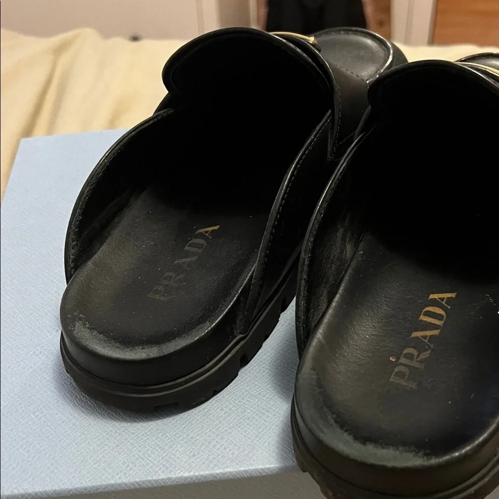 Prada Black Leather calzature donna vit sport Mules loafers 38.5 - Picture 6 of 9